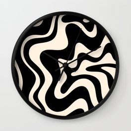 Retro Liquid Swirl Abstract in Black and Almond Cream  Wall Clock