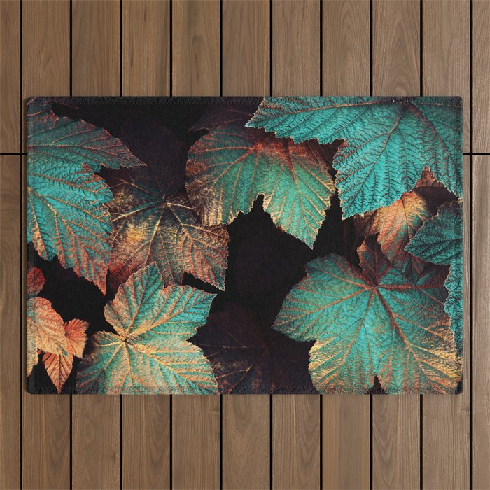 Copper And Teal Leaves Outdoor Rug
