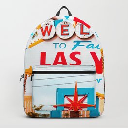 Classic view of Welcome to Fabulous Las Vegas sign on a beautiful sunny day with blue sky and clouds, Las Vegas, Nevada, USA Backpack | Nevada, Fabulous, Casino, Sign, Usa, America, Sunnyday, Welcome, Mutedcolors, Romantic 