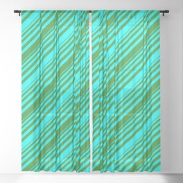 [ Thumbnail: Cyan and Forest Green Colored Lined/Striped Pattern Sheer Curtain ]