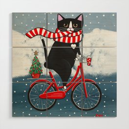 Winter Tuxedo Cat Bicycle Ride Wood Wall Art