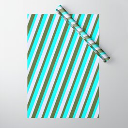 [ Thumbnail: Lavender, Dark Olive Green, and Cyan Colored Lines Pattern Wrapping Paper ]