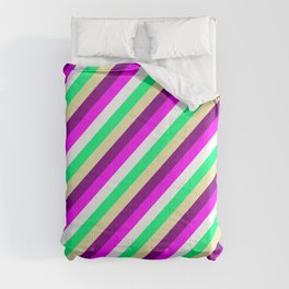 [ Thumbnail: Colorful Pale Goldenrod, Purple, Fuchsia, White, and Green Colored Stripes Pattern Comforter ]
