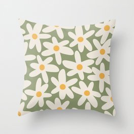 Daisy Time Retro Floral Pattern Sage Green Beige Mustard Throw Pillow