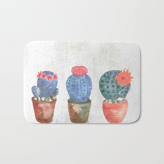 Three Blue Cacti watercolor Bath Mat