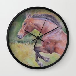 A brown horse jumping on a green meadow Pastel drawing Animal Art in the landscape Wall Clock