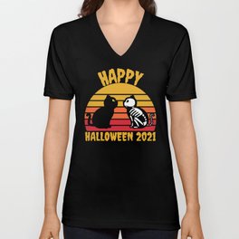Happy Halloween 2021 - Funny Black Cat V Neck T Shirt