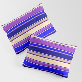 [ Thumbnail: Colorful Dark Orchid, Dark Blue, Beige, Blue & Tan Colored Striped Pattern Pillow Sham ]