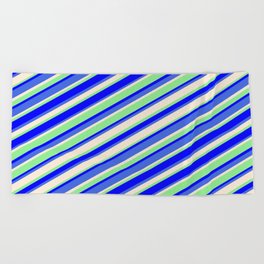 [ Thumbnail: Light Green, Blue, Royal Blue & Beige Colored Striped/Lined Pattern Beach Towel ]