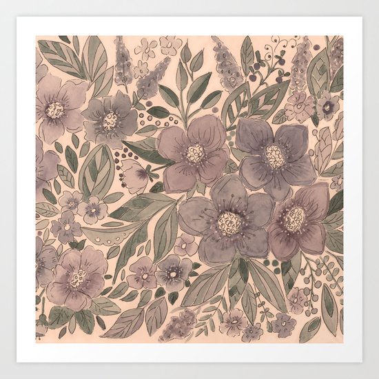 Watercolor . Flowers retro . Art Print