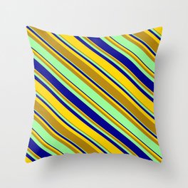 [ Thumbnail: Yellow, Dark Goldenrod, Green & Dark Blue Colored Lined/Striped Pattern Throw Pillow ]