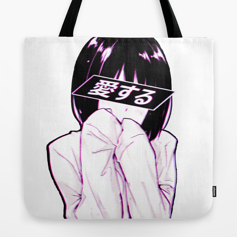 Love Pink Sad Japanese Anime Aesthetic Tote Bag By Poser Boy