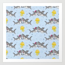 Quilt Couple Shark Valentine Pattern Blue Art Print