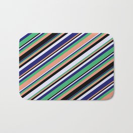 [ Thumbnail: Eyecatching Sea Green, Dark Salmon, Black, Lavender & Midnight Blue Colored Lines/Stripes Pattern Bath Mat ]
