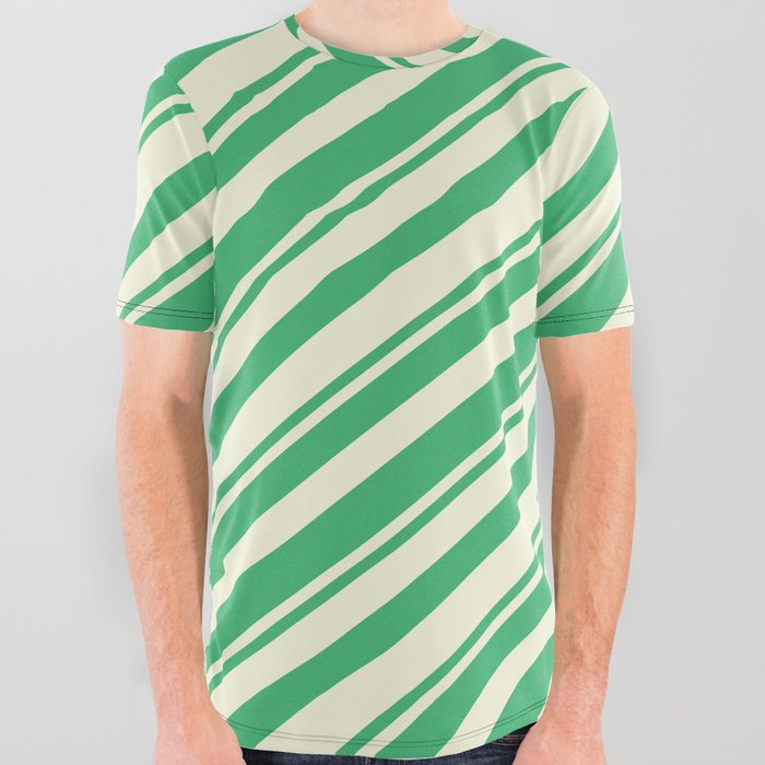 Sea Green & Beige Colored Lines Pattern All Over Graphic Tee