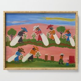 African American Masterpiece 'Six Figures Picking Cotton' folk art painting by Clementine Hunter Serving Tray