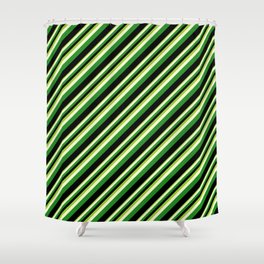 [ Thumbnail: Green, Light Yellow, Forest Green & Black Colored Stripes Pattern Shower Curtain ]