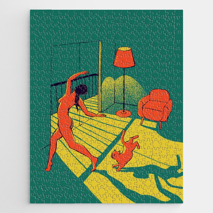 Dancing with the cat | Moody sunset light and shadows Aesthetic Green room Naked dance Femme Fatale  Jigsaw Puzzle