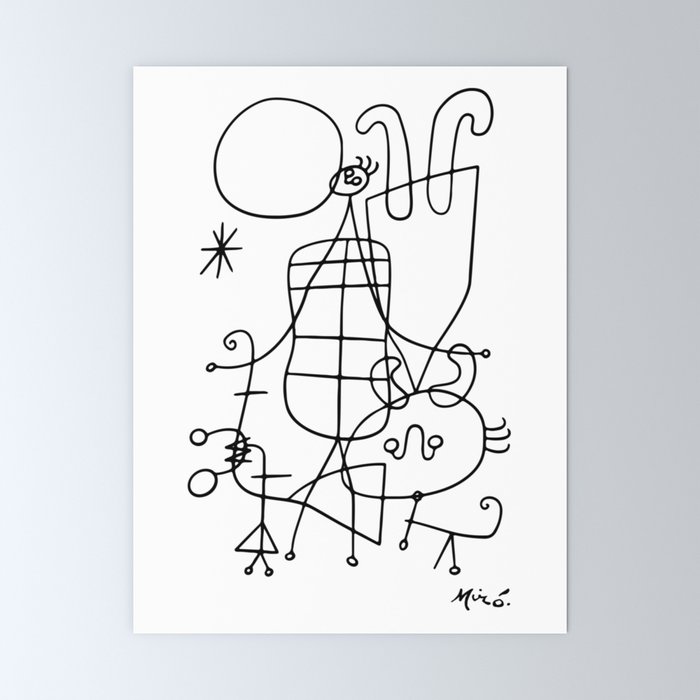 joan miro figures and dog in front of the sun