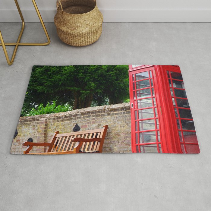 Great Britain Photography - Red Phone Booth By A Wooden Bench Rug