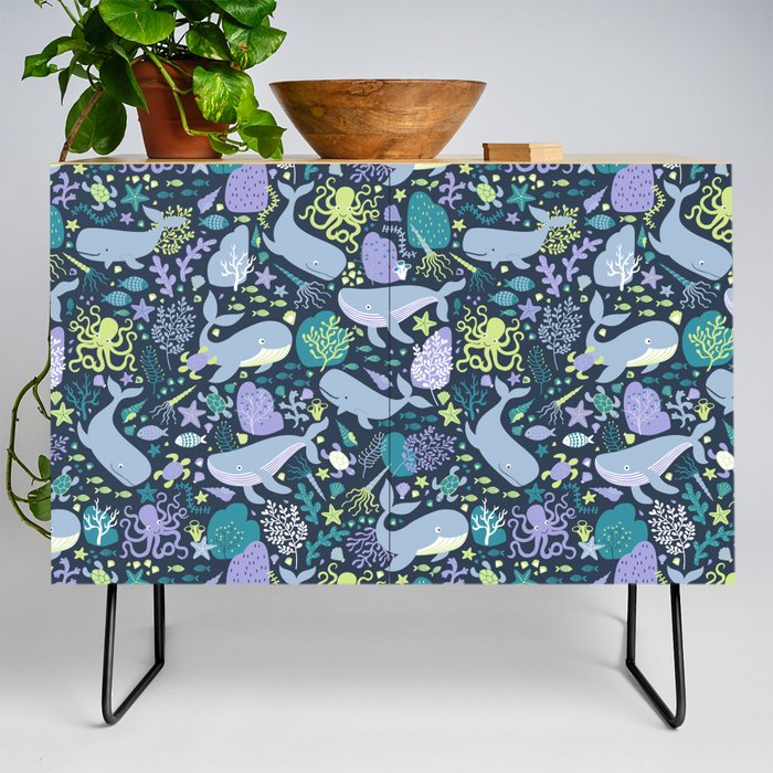 Whale Paradise Seascape - Cute SeaLife pattern by Cecca Designs Credenza