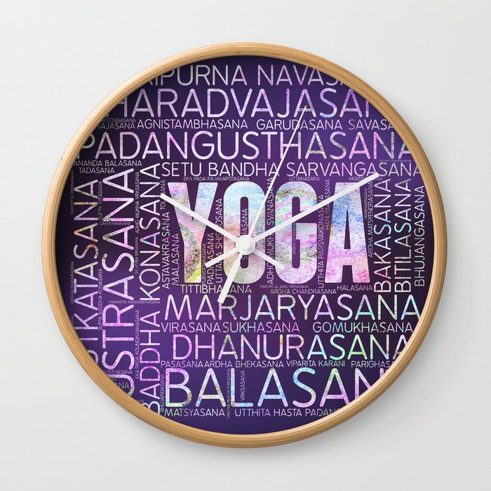 Yoga Asanas  Word Art  on Purple Wall Clock