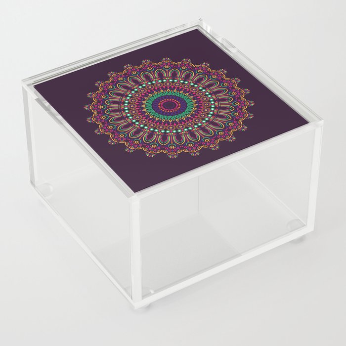 Colorful mandala, arabesque, rosette, emblem. Indian symbol. Isolated drwing. Meditation sign. Oriental lacy hand drawn, poster, background. Luxury design on pillow, linen, napkin, case, card, textile.  Acrylic Box