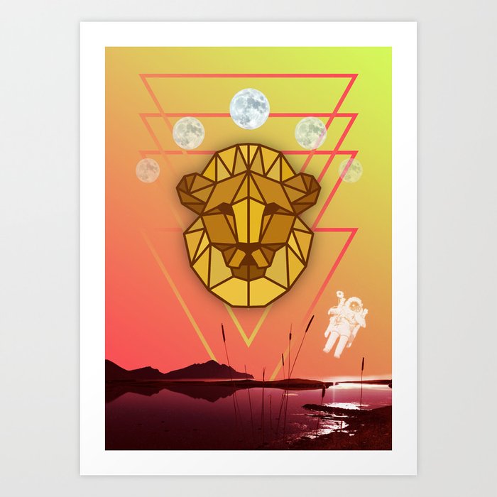 Burning Lion – Collage, Geometric Animal, Low Poly Illustration, Vectors Art Print