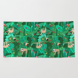 Sloths in the Emerald Jungle Pattern Beach Towel