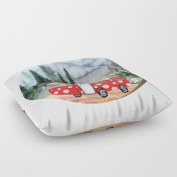 Mountain Adventure Camper Illustration Floor Pillow