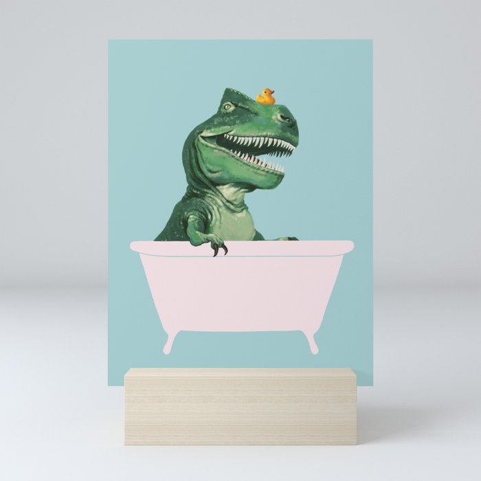 Playful T-Rex in Bathtub in Green Mini Art Print