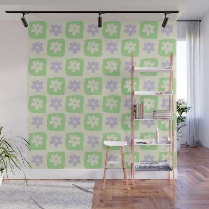Hand-Drawn Checkered Flower Shapes Pattern Wall Mural