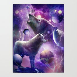 Cosmic Wolf Howling At Moon In Space Poster