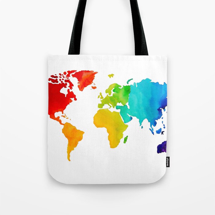 Original Watercolor - Map of The World - Travel Art - Chakra Rainbow Colors Tote Bag