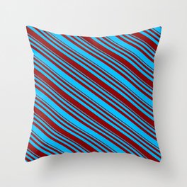 [ Thumbnail: Deep Sky Blue and Dark Red Colored Lined Pattern Throw Pillow ]
