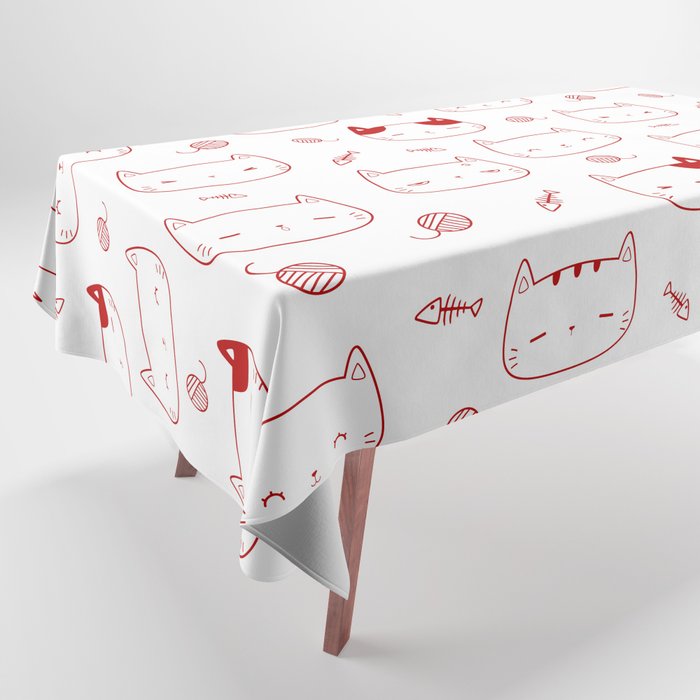 Red Doodle Kitten Faces Pattern Tablecloth