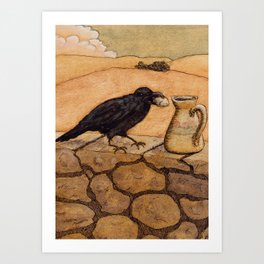 Crow and Pitcher from Aesop's Fables - Necessity is the mother of invention Art Print