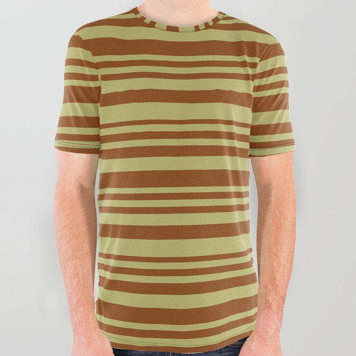 Dark Khaki & Brown Colored Striped Pattern All Over Graphic Tee