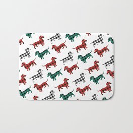 Christmas Dachshunds Red Flannel Bath Mat | Hygge, Buffaloplaid, Funny, Cozy, Pattern, Redflannel, Dachshunds, Puppies, Plaid, Graphicdesign 