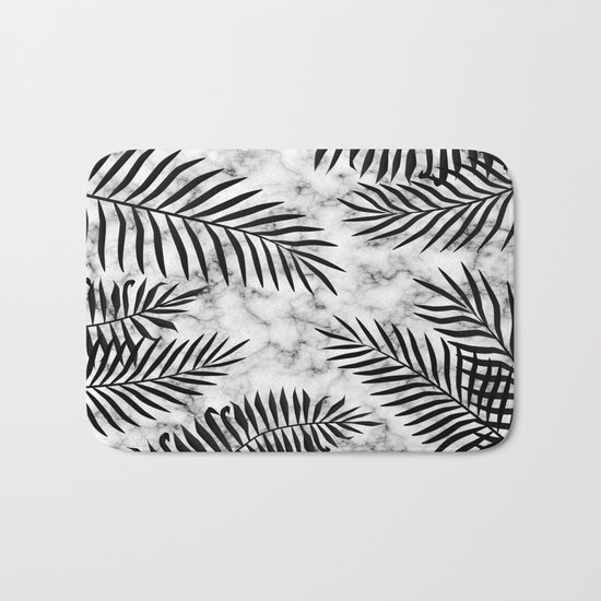 Black palm leaves on marble Bath Mat