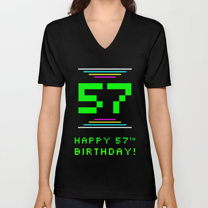 57th Birthday - Nerdy Geeky Pixelated 8-Bit Computing Graphics Inspired Look V Neck T Shirt
