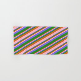 [ Thumbnail: Chocolate, Light Pink, Medium Slate Blue, and Forest Green Colored Stripes/Lines Pattern Hand & Bath Towel ]