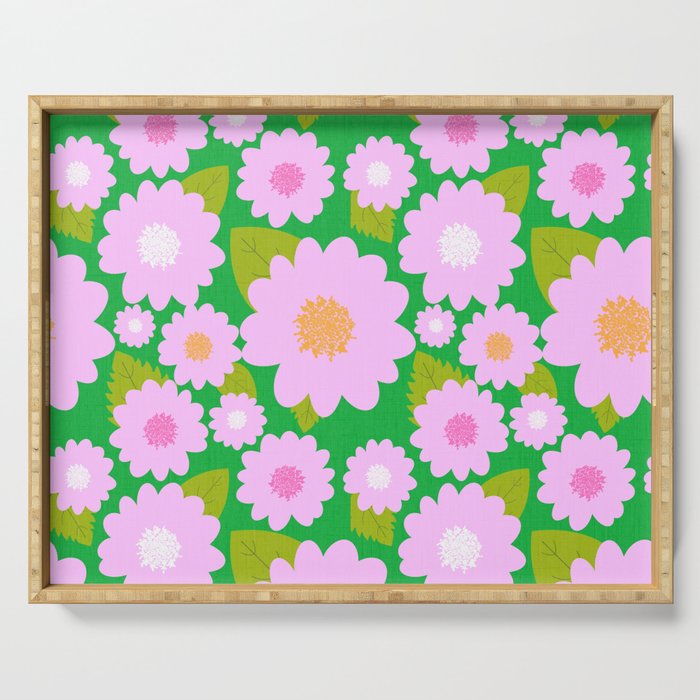 Bright Pretty Pink Summer Flowers On Kelly Green Serving Tray
