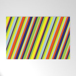 [ Thumbnail: Eye-catching Green, Yellow, Light Blue, Red & Midnight Blue Colored Lines/Stripes Pattern Welcome Mat ]