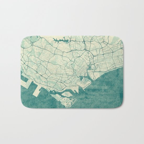 Singapore Map Blue Vintage Bath Mat