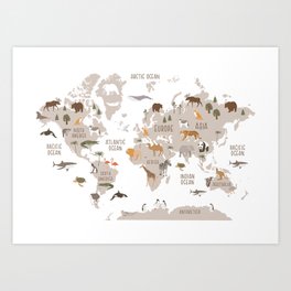 Kids World Map with Animals in White Art Print