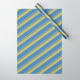 [ Thumbnail: Dark Khaki and Blue Colored Stripes Pattern Wrapping Paper ]