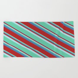 [ Thumbnail: Powder Blue, Aquamarine, Blue, and Red Colored Lined/Striped Pattern Beach Towel ]