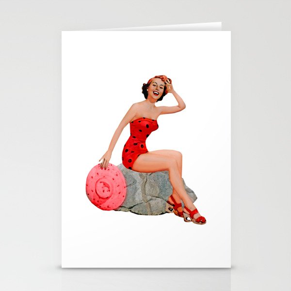 Sexy Brunette Pinup Girl in Red Skirt On The Rock Stationery Cards