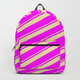 [ Thumbnail: Pale Goldenrod & Fuchsia Colored Stripes/Lines Pattern Backpack ]